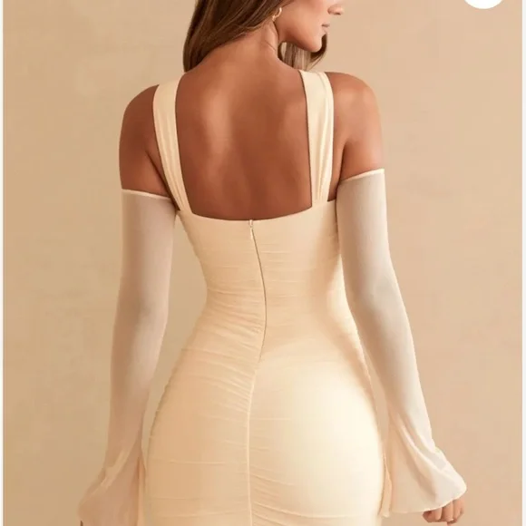 Cream Bodycon Dress with Halter Neck and Bell Sleeves - Picture 2 of 2